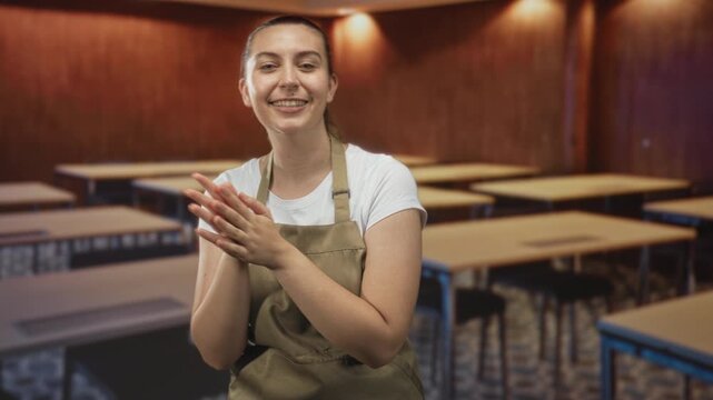 Woman in apron claps hands, palms together in a school building classroom among rows of tables and chairs; hospitality service contentment.