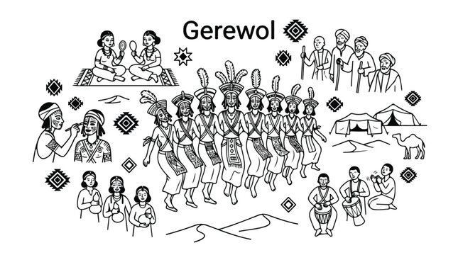 Gerewol festival vector illustration, traditional Wodaabe nomadic culture line art, African tribal celebration with dancers and musicians