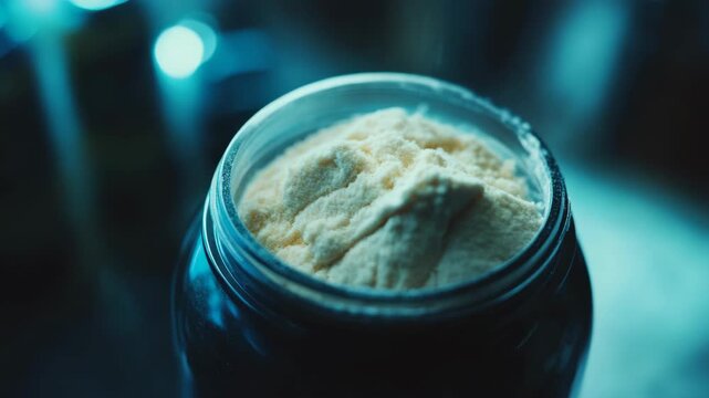 A jar filled with a mixture of sand, gravel, and other materials. The jar is placed on a dark surface.