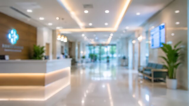 Blurred hospital lobby reception area medical clinic waiting room healthcare facility modern interior background light bright bokeh