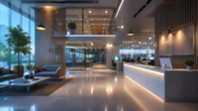 Modern office lobby blurred background reception desk lounge area professional corporate interior design luxury workspace