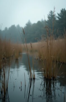 Dry reeds grow from dark water. Calm lake surface reflects muted forest and hazy sky. Nature scene shows wetland grasses by still pond. Outdoor natural environment.