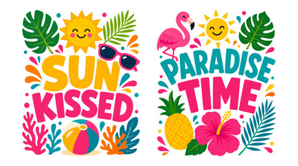 Vibrant vector illustration featuring tropical summer elements with colorful typography designs for seasonal holiday promotional posters © graphophonic