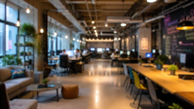 Blurred modern office interior open plan workspace coworking area corporate business environment industrial loft design professional work space