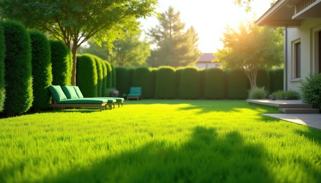 Lush green lawn in sunny backyard with sun loungers and manicured hedges. Idyllic outdoor space next to modern house perfect for relaxation and summer leisure activities.