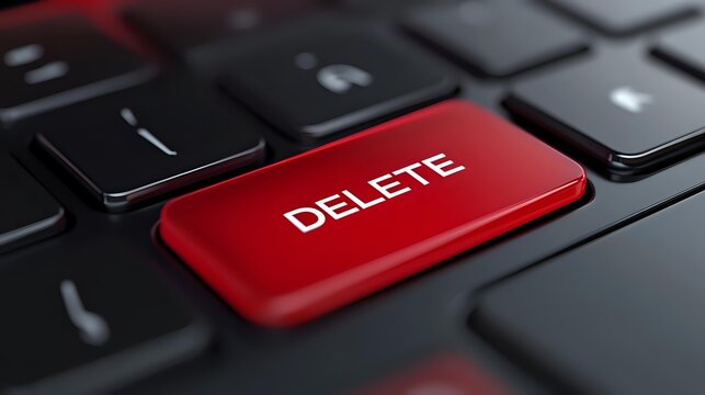 Red delete key on black computer keyboard, close-up view for technology, data removal, cybersecurity, and digital management concepts.