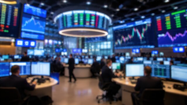 Stock market exchange trading floor blurred background financial data screens busy business professional investment global economy banking technology