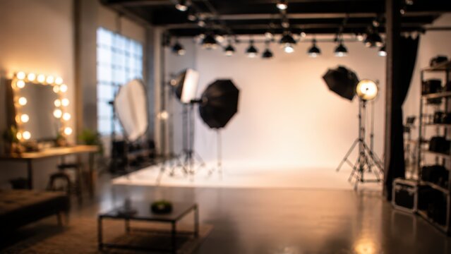 Blurred photo studio interior professional photography workspace lighting equipment softbox white backdrop industrial loft makeup mirror bokeh background
