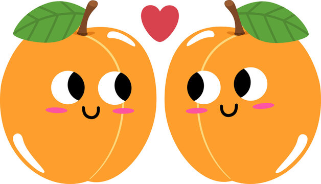Cute cartoon peach fruit couple in love with red heart isolated on transparent background flat vector illustration