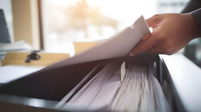 Hand searching documents in office filing cabinet.