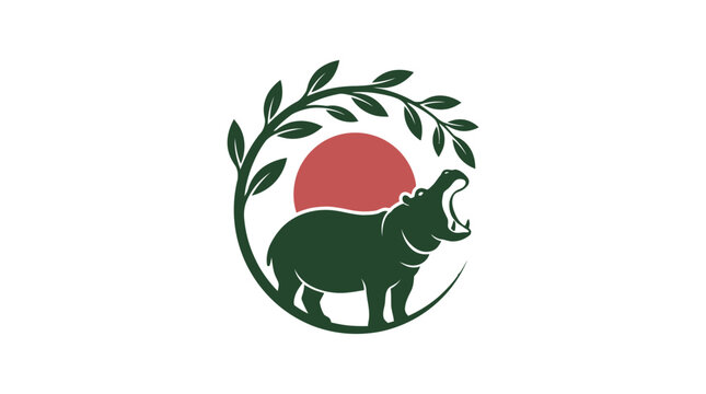 Circular green hippo logo with sun and branch.