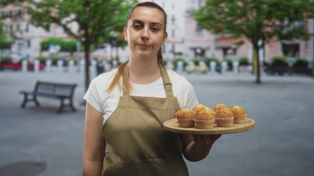 Woman in apron holding a wooden tray of muffins, puckering lips and offering pastries on a street; welcoming hospitality.