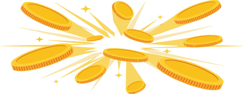 Flying golden coin explosion vector with shiny money tokens bursting in dynamic radial motion isolated on white background for finance reward game and business design