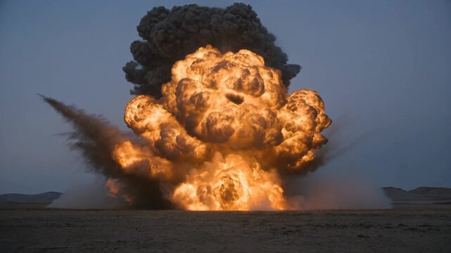 Massive Cinematic Explosion with Towering Mushroom Cloud at Dusk