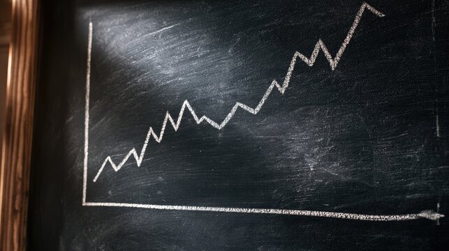 Upward trending line graph drawn with chalk on a dark, textured surface