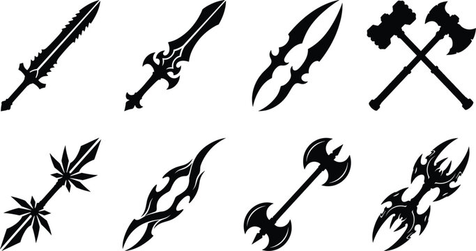 Fantasy Weapon Silhouette Collection with Swords Axes Daggers and Double Blade Vector Icons