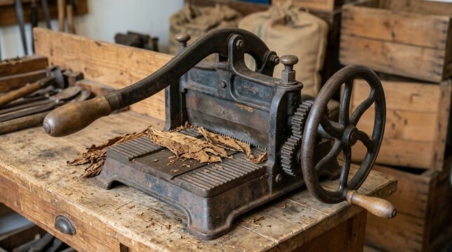 Vintage manual tobacco cutting machine on wooden workbench