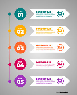 Business infographic timeline vector illustration with five steps, vertical numbered circles connected by line and white chevron arrow banners over light background