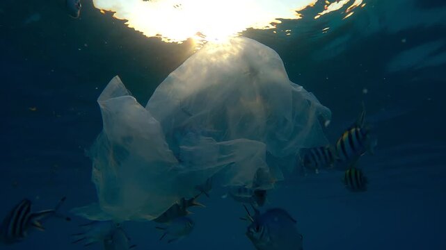 Curious tropical fish swims close to a torn translucent plastic bag, taste it and swim dangerously inside it, in the first rays of the rising sun, in the back lighting.