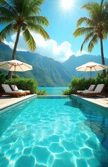 Fototapeta premium Turquoise swimming pool with lounge chairs and umbrellas overlooks calm ocean water and rich green mountains. Palm trees frame this tropical paradise scene under bright sunny skies.