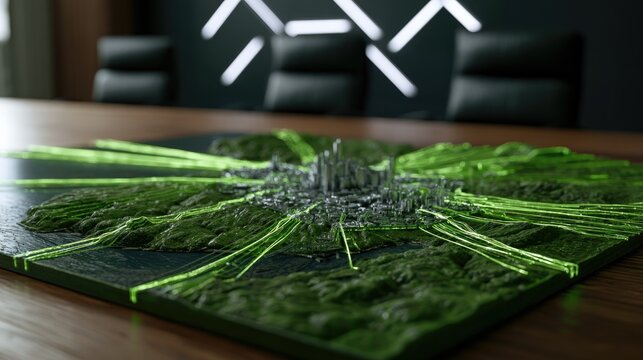 Futuristic green terrain model with glowing lines on wooden table