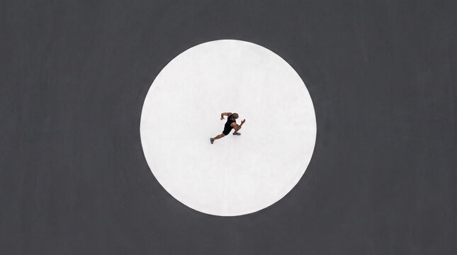 Athlete Running Across White Circle on Gray Background