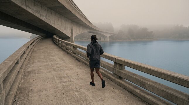 Runner Jogging Across Bridge Over Misty Water