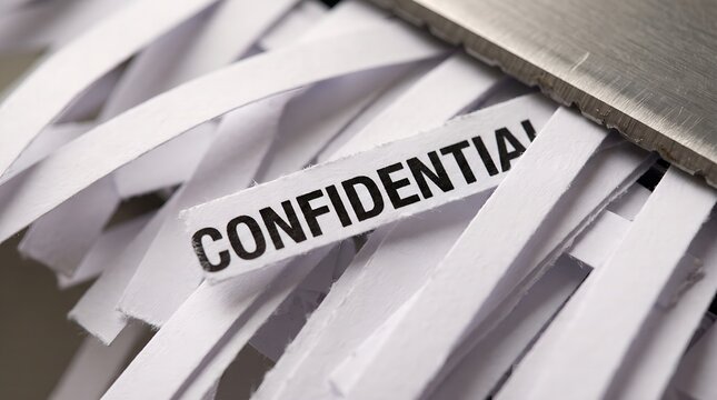 A paper shredder actively shreds confidential documents in an office.
