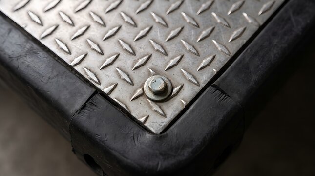 Close-up of a worn metal plate with a bolt on a black rubber base