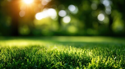 Naklejka premium Sunlit green lawn and trees, soft focus background, bright outdoor scene