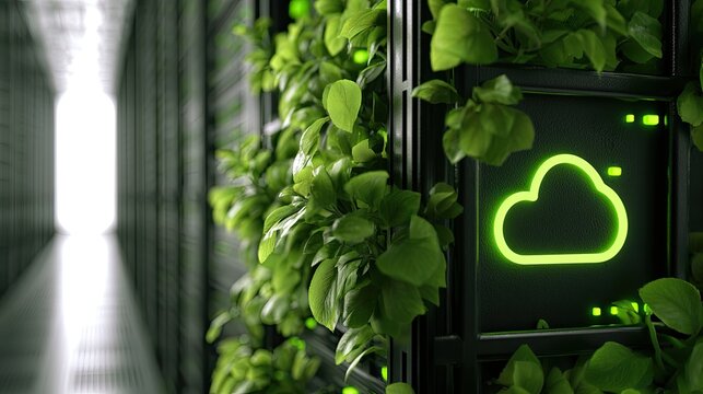 Green server racks with lush plants and a glowing cloud icon