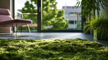 Fototapeta premium Soft green moss carpet in a bright room with a pink chair
