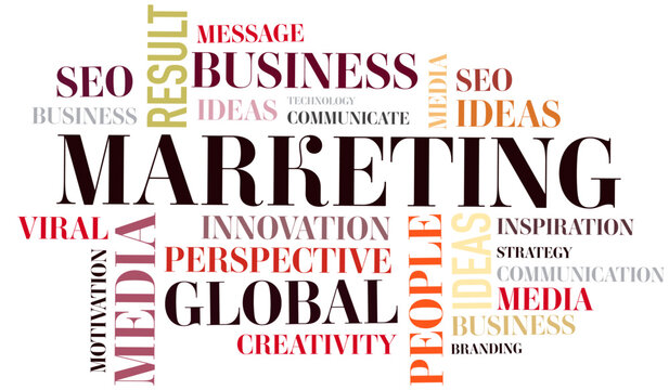 A background design featuring typography in the form of a word cloud on the topics of marketing and business.
