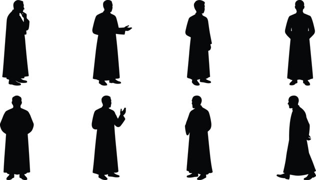 Male Clergy Silhouettes in Long Robes with Standing Gesturing and Walking Poses