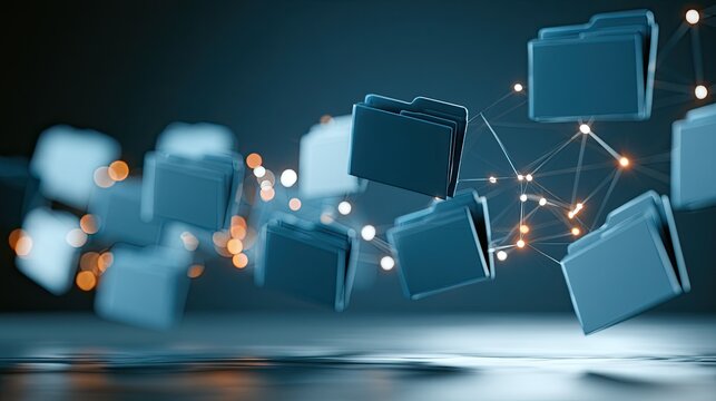 Digital folders floating in a network of glowing nodes and connections