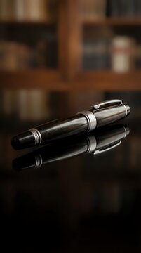 Luxury fountain pen with dark wood barrel and chrome accents resting on reflective surface against blurred wooden interior background, suitable for business, writing, and stationery concepts.