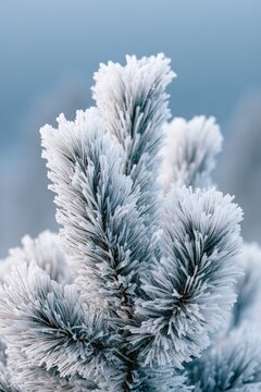 Icy pine needles dusted with crystalline frost in soft winter light