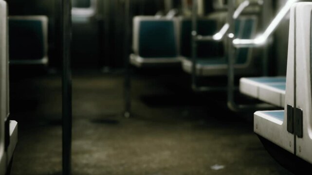 The scene shows the inside of an empty subway car in a city. The seats are unoccupied and the lighting is dim. It appears late at night with no people present.
