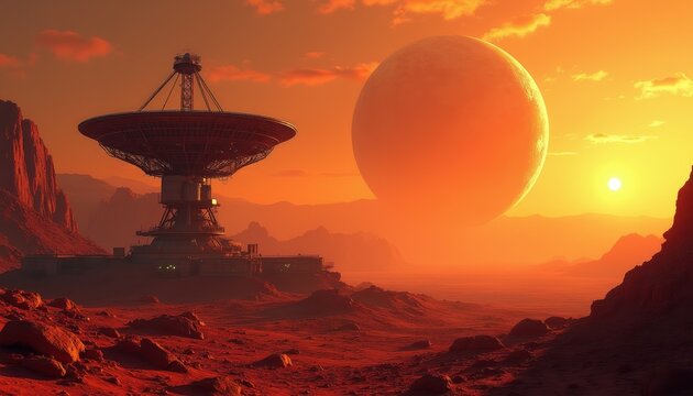Alien landscape with radio telescope dish. Giant planet looms in sky. Red rocky terrain. Orange sunset and distant mountains. Futuristic sci fi setting.