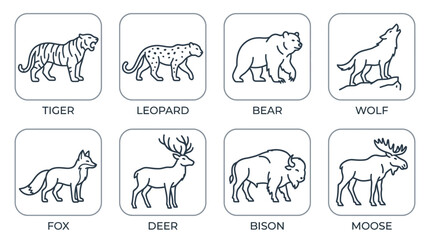 Fototapeta premium Minimalist wild animal line art icons set featuring forest and jungle wildlife predator and prey species