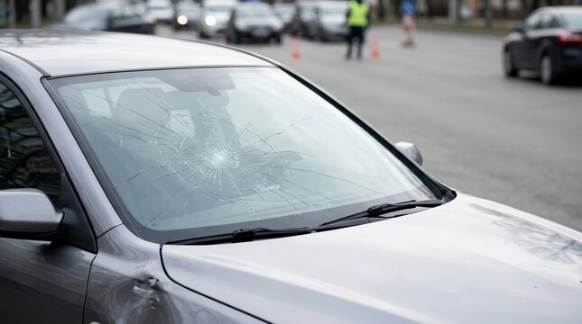 Silver car with severely cracked windshield after collision. Broken auto glass with spiderweb fracture pattern on city street. Traffic accident scene
