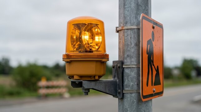 Illuminated orange warning beacon light and road work sign on metal pole. Construction zone safety hazard alert signal