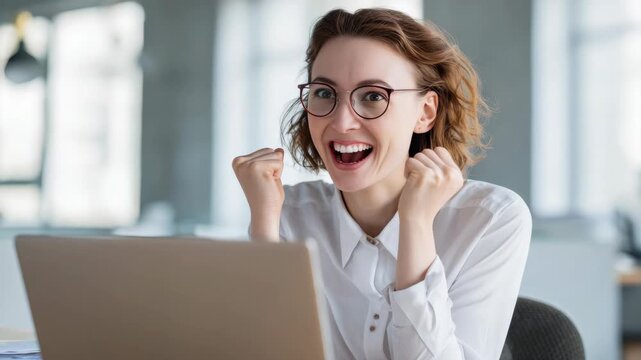 Happy woman celebrates success at desk. She wears glasses and a white shirt. Her fists are raised in excitement. She sits before an open laptop. Office background is bright and modern