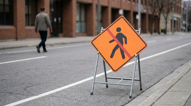Pedestrian road sign indicating closed footpath on city street. Orange warning sign on asphalt roadway