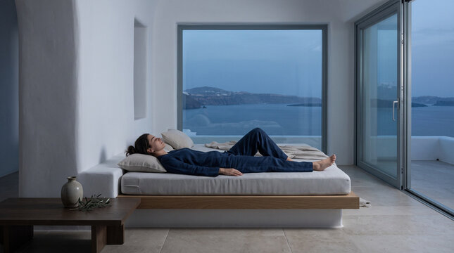 Man Relaxing on Bed with Panoramic Sea View