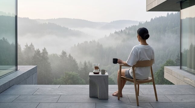 Woman Enjoying Morning Coffee on Mountain Vista Terrace
