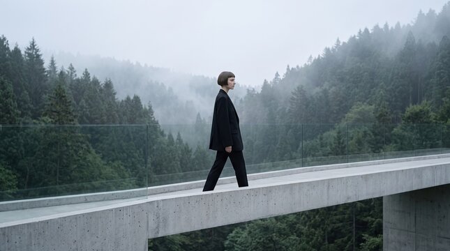 Woman in Black Suit Walking on Modern Overlook Bridge