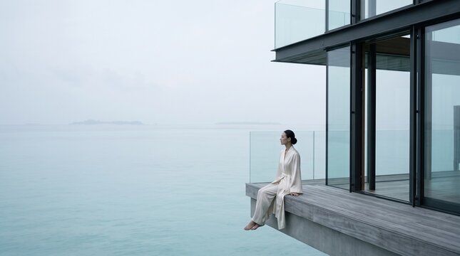 Woman Sitting on Modern Waterfront Deck Overlooking Ocean