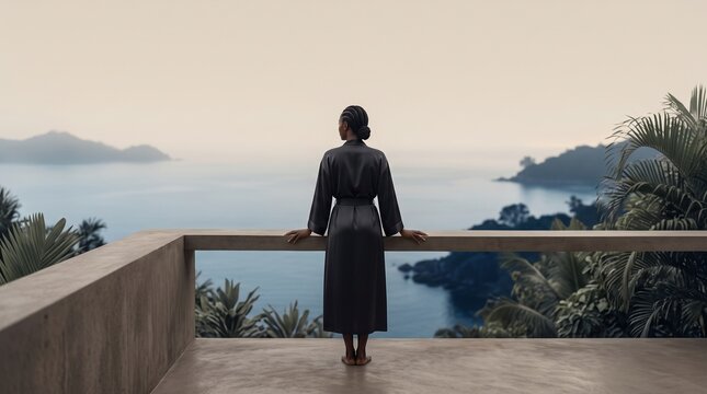 Woman Contemplating Scenic Ocean View from Luxury Terrace