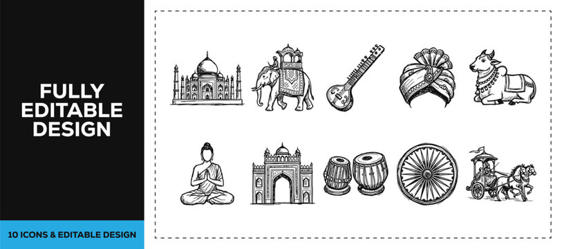 Black ink scribble hand drawn indian culture and landmark icon set featuring taj mahal sitar and buddha for travel agency branding and creative vector sketch doodle design art.